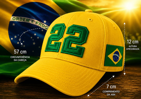 Medidas do Boné 22: 57cm de circunferência regulável, 12cm de altura, 7cm de aba